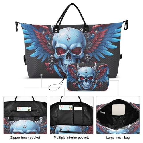 Large Travel Duffel Bag, Skull Blue Wings Sports Tote Gym Bag, Shoulder Weekender Overnight Bag for Women Men, Carry On Luggage with Toiletry Bags2