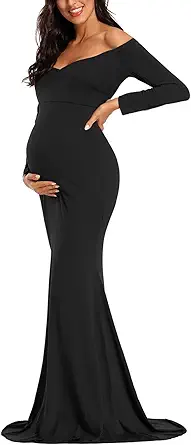 Ecavus Off-Shoulder Maternity Dress with V Neck and Front Detail