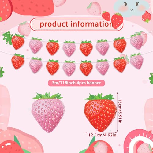 Image of 4-Strand Strawberry Banner - Pink and Red Strawberry Garland for Berry Birthday, Picnic Party, Baby Shower, and Summer Fruit Theme Decor