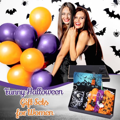 30 Pcs Halloween Gift Bulk for Women Halloween Spider Webs Makeup Cosmetics Bags and Skeleton Bats Ghosts Pendant Ornament Keychains Pumpkin Socks Gothic Gift for Trick or Treat Party Favor4