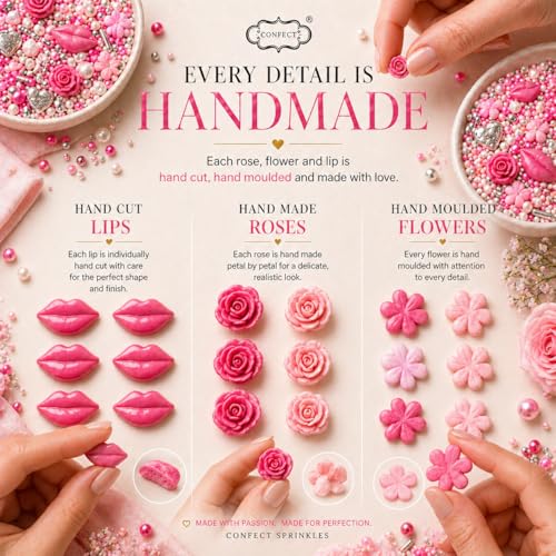Image of Confect Pink Mini Roses, Silver Hearts, Vermicelli & White Pearls - Vegan, Gluten-Free, Nut-Free, Soy-Free, Dairy-Free Cake & Baking Sprinkles - Perfect for Anniversaries & Special Occasions - 140 Gms