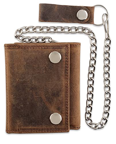 Rfid Blocking Men's Tri-Fold Vintage Biker Cowhide Top Grain Leather Steel Chain Wallet,Snap Closure, Made In Usa,Vintage Buffalo Brown,315 #TOP1