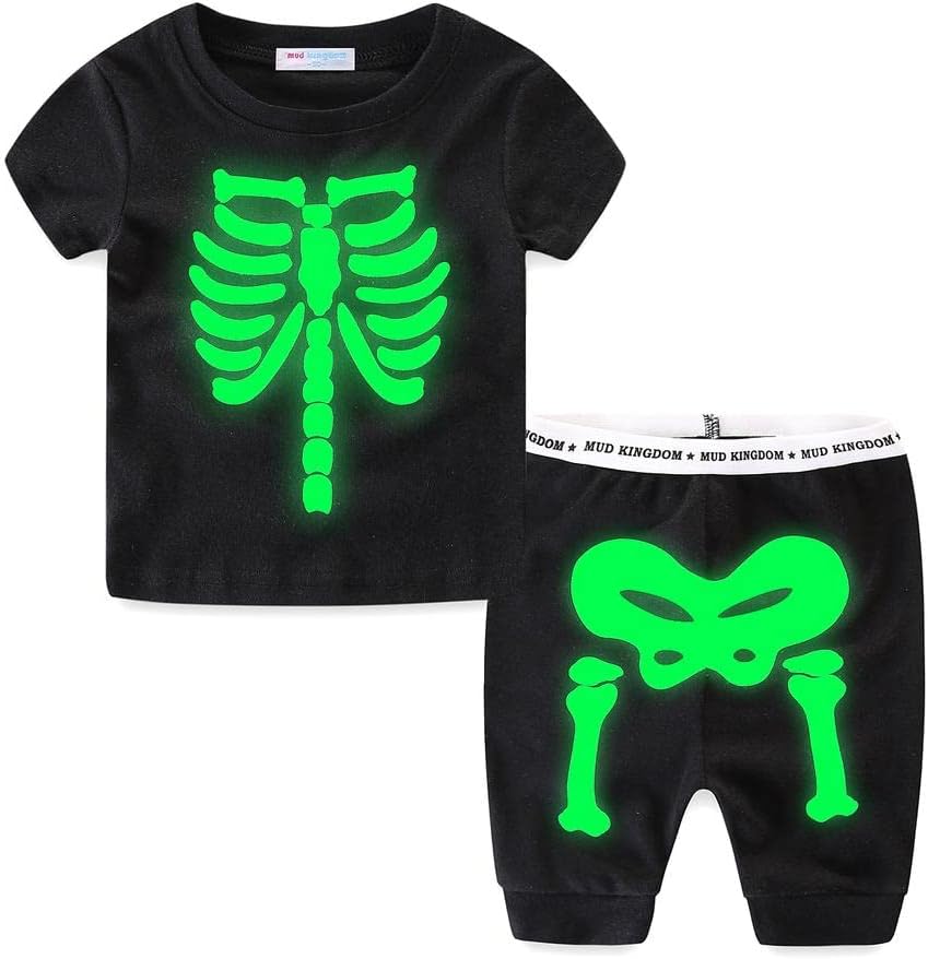 Mud Kingdom Glow in The Dark Skeleton Boys Pajamas Sets Short Sleeve Summer Black