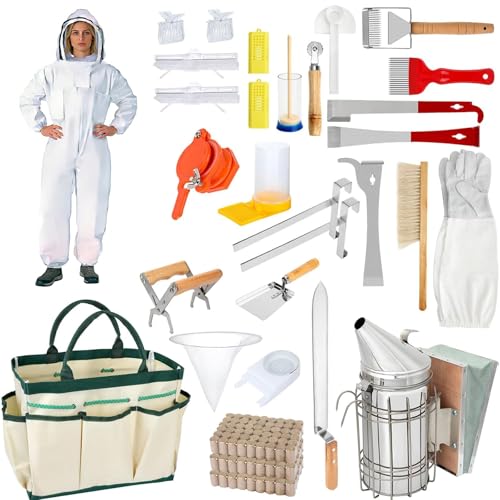 Beekeeping Supplies 30Pcs Bee Keeping Starter Kit with Bee Suit Bee Keeping Supplies-All Beekeeping Tools Bee Smoker Kit with Oxford Bag for Beginners and Professionals