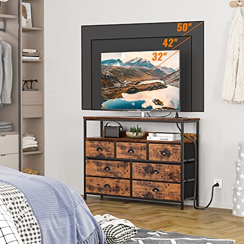 Dresser Tv Stand With Power Outlets, Console Sofa Table With 7 Fabric Drawers And Shelves, Nightstand With 2 Fabric Drawers, End Table With Open Wood Shelf, Side Table For Bedroom, Living Room #TOP1