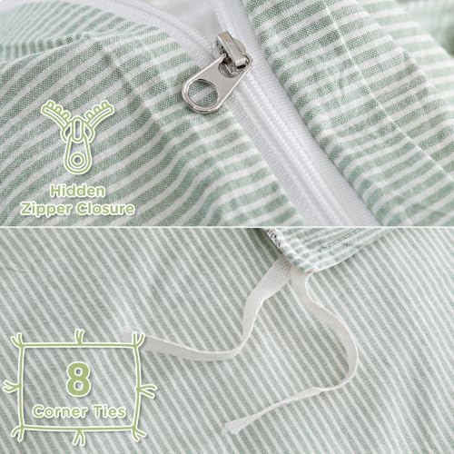 Image of TOCOMOA Sage Green Striped Duvet Cover Bedding Set 100% Washed Cotton Like Linen Feel Super Soft Comfy 3 Piece Pinstriped Comforter Cover Set (Queen 90 inchx90 inch, Comforter Not Included)