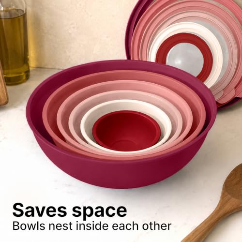 Image of Zulay Kitchen 12 Piece Plastic Mixing Bowls with Lids Set - Leak-Proof Microwave & Freezer Safe Stackable Mixing Bowl Set for Preparing, Serving and Storing - Non-Slip Large Nesting Bowls (Red Ombre)