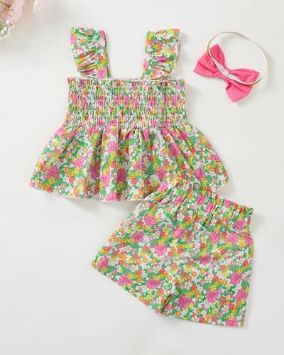 Image of Mioglrie Toddler Baby Girl Summer Clothes Infant Spring Outfits Ruffle Sleeveless Shirt Baby Shorts Headband Clothing Set