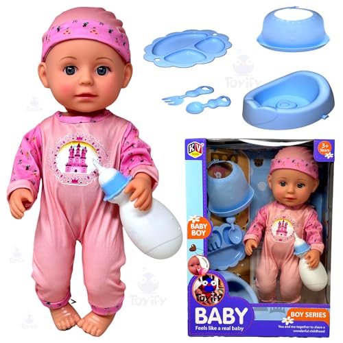 Image of Realistic Baby Doll Playset with Feeding Bottle, Potty, Plate & Utensils - Soft Vinyl Doll for Kids (3+ Years) | Interactive Boy Doll Toy in Cute Outfit Bendable Legs (C10)