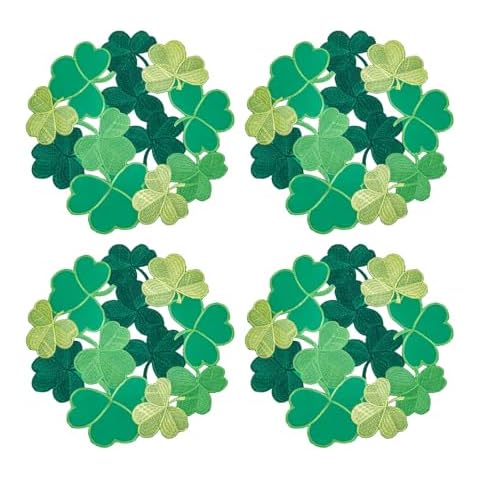 Joyfol Day Shamrock St. Patrick's Day Round Placemat Set of 4, Applique Embroidered Cutwork Clover Dresser Scarf for Home Kitchen Dining, Spring Irish Festival Tabletop Decoration (Round,14 inch) Cover