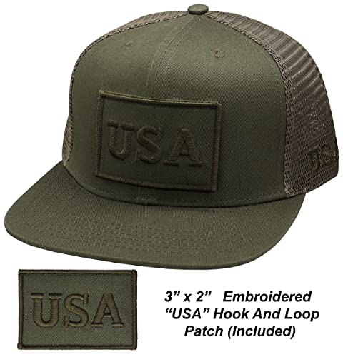 Image of Antourage American Flag Unisex Baseball Hat for Men and Women | USA Flag Mesh Snapback Flat Visor Cap + 2 Patriotic Patches
