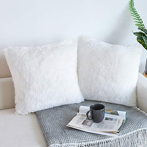 Nordeco Home Luxury Soft Faux Fur Fleece Cushion Cover Pillowcase Decorative Throw Pillows Covers, No Pillow Insert, 20" X 20" Inch, White, 2 Pack #TOP2