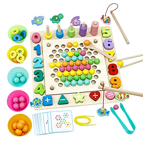 Juegos de Madera Clip Beads Juegos Educativos Juguetes Montessori Juego Pesca Magnetico Juegos de Mesa Regalos para Niños 3 4 5 6 Años Educación Temprana Juguete de Memoria
