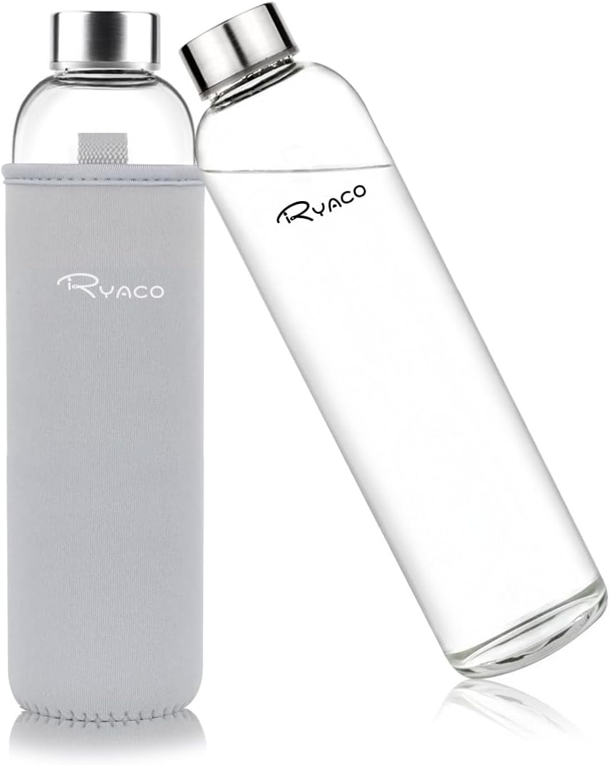 RYACO Glass Water Bottle 550ml/750ml/1000ml/1L,Borosilicate Glass Bottle with Neoprene Protective Case for Hot Cold Drinks,BPA-Free Leak Proof,Dishwasher Safe