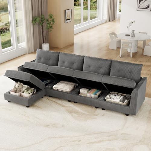 Image of LLappuil 112 inch Modular Sectional Sofa with Storage, L-Shaped 5-Seat Corduroy Couch with 4 Throw Pillows, Pet-Friendly Convertible Sofa for Small Living Room & Apartment, Skin-Friendly, Grey
