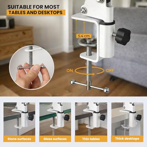 Image of Dyazo Overhead LED Desk Lamp with Long Adjustable Arm Clamp | Dimmable Table Light Includes 3 Color Modes & 10 Brightness Levels | 12W Lighting for Study, Reading, Crafting with Memory Feature (White)