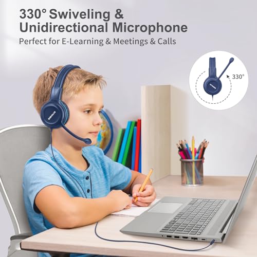 Image of SIMOLIO Wired Headphones for School with Microphone, Stereo Kids Headphone with Flexible Swivel Boom Mic for Student K12 & Teacher & E-Learning, 3 Levels Volume Limiter Gaming Headsets for Boys, Girls