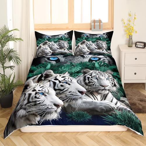 Loussiesd Tiger Duvet Cover Wild Animal Bedding Set For Kids Adults Safari Cats Comforter Cover Set Soft Wildlife White Tiger Bedding & Linen Double Size Zipper - Image 3