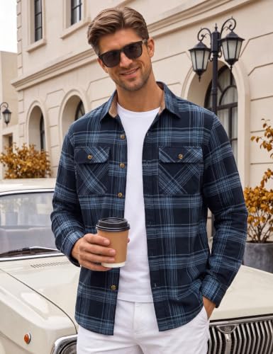 Image of Cotrasen Mens Flannel Shirts Cotton Plaid Button Down Shirt | Long Sleeve, Corduroy Collared, Soft,Breathable, Work, Western, Trendy, Casual Classic Flannel Shirt with Pocket