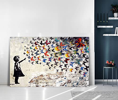 Colorful Graffiti Street Canvas Wall Art Funny Butterfly Banksy Street Art Mural Pop Art Modern Home Office Wall Decor Framed Canvas Wall Art Decor For Study Room Walls Easy To Hang - 28X44Inch #TOP1