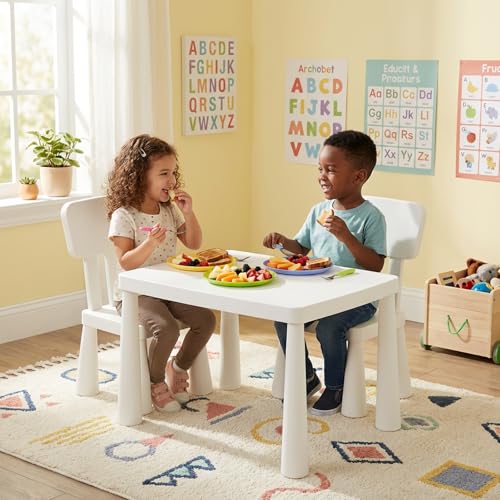 Image of Costzon Kids Table and Chairs, 3 PCS Plastic Toddler Table Set (White) | Easy Clean Activity Desk Set for Reading, Drawing, Snack Time, Art Craft, Suitable for Preschool, Playroom, Indoor & Outdoor