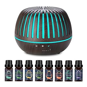 Diffuseur d’Huiles Essentielles 500ml avec 8 * 10ml Huiles Essentielles, Electrique Diffuseur Parfum Maison Humidificateur d’air Brume Froide, Diffuseur Aromathérapie avec Télécommande (dark+8)