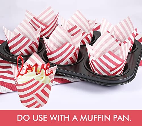 webake Tulip Muffin Cases Paper Cupcake Cases 100 Pcs Baking Cups in Red Strip for Muffin Cupcake Cake Ice Cream Dessert Wedding Birthday Party
