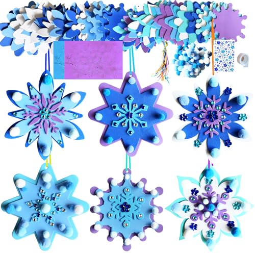 MLOLM 24 Sets Winter Snowflake Crafts Kit DIY 3D Christmas Snowflake Ornament Craft Kits Make Your Own Snowflake Sticker Pompoms for Winter Christmas Holiday Home Activities Party Favors