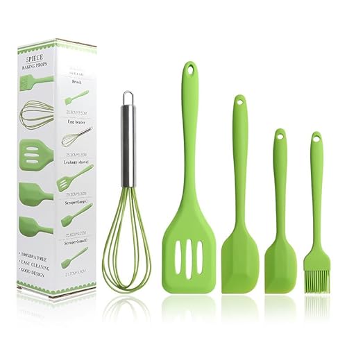 ラジョキング LAJOKING シリコン製キッチンツール5点セット ノンスティック調理器具 耐熱性、ヘルシー素材、使いやすくお手入れも簡単 スパチュラ、スクレーパー2本、油汚れ落としブラシ、泡立て器がセットになっており、料理やベーキングに最適です (D)