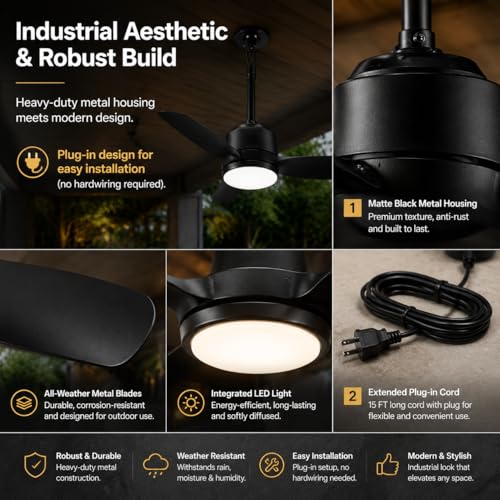 SUTEFAN 44'' Outdoor Ceiling Fan with Dimmable 3-Color LED Light, IP65 Waterproof for Patios Gazebos,Quiet DC Motor with 6 Speeds and Reversible Function, Remote Control for Patios, Industrial Style by SUTEFAN - Used condition - Image 3