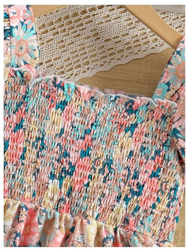 Girl's Floral Shirred Layered Ruffle Dress Puff Short Sleeve Square Neck A Line Dresses3