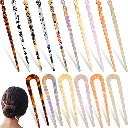16 Pieces Acetate Hair Sticks U Shape Hair Forks Shell Styling Hairpins Leopard Print Hair Chopsticks Tortoise Shell Hair Pins French Style Hair Clips Vintage Updo Hair Accessories for Women Girls