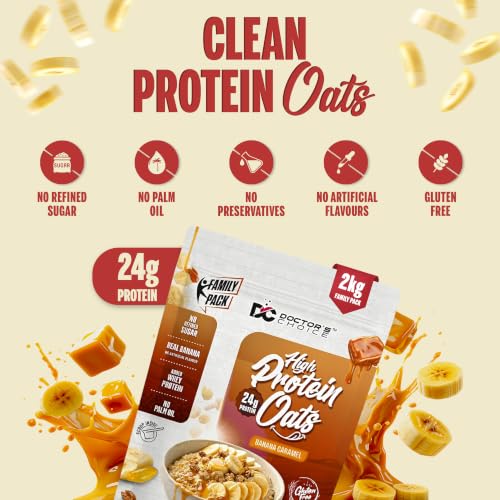 Image of DC DOCTORS CHOICE High Protein Oats Banana Caramel Flavor 2kg| 24g Protein | Made with Real Bananas | No Refined Sugar | Healthy Instant Oatmeal Breakfast | High Fiber Oats Box