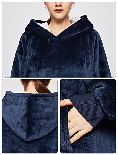 Image of KFUBUO Wearable Blanket Hoodie for Adults With Pocket Navy | Sherpa, Fuzzy Blanket Hoodie, Oversized Sweatshirt Blanket, Kangaroo Pouch, Gifts for Mom, Cute Stuff