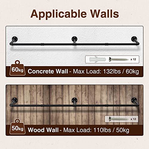 Greenstell Clothes Rack,72.5 Inches Industrial Pipe Wall Mounted Garment Rack, Space-Saving Heavy Duty Hanging Clothes Rack, Detachable Garment Bar, Multi-Purpose Hanging Rod For Closet Storage 3 Base #TOP4