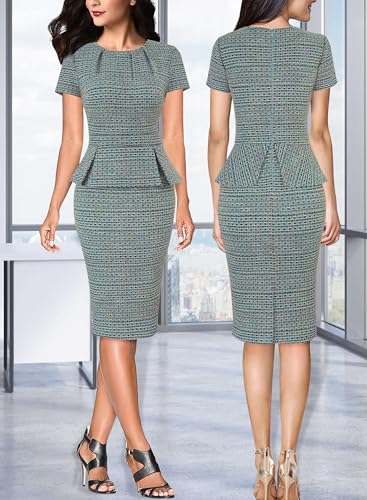 Image of VFSHOW Womens Pleated Crew Neck Peplum Work Business Office Church Bodycon Pencil Sheath Dress