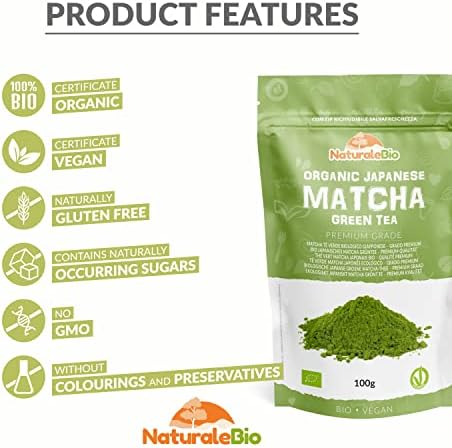 Japanese Organic Matcha Green Tea Powder - Premium Grade - 100g. Tea Produced in Japan, Uji, Kyoto. Use for Drinking, Cooking, Baking, Smoothie Making and with Milk. Vegan & Vegetarian Friendly