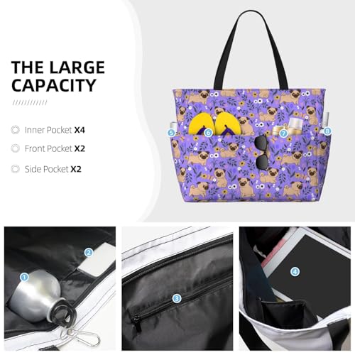 Pugs And Flowers Print Beach Pool Bags Tote For Women Ladies Large Gym Tote Carry On Bag For Weekender Travel Waterproof3