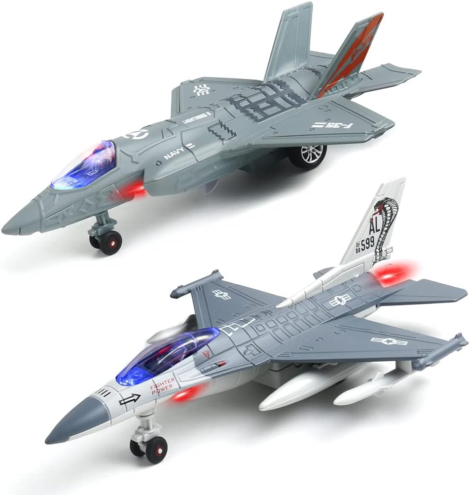F35 F16 Airplane Toy, 2 Pack Fighter Jet Toy for Kids, Pull Back Toy Jets, Diecast Airplanes Model with Light & Sound, Metal Airplane Gifts for Kids Decor