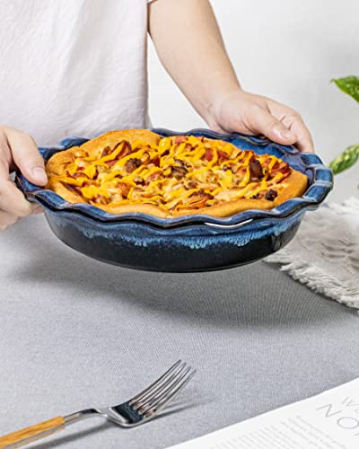 Henxfen Lead Ceramic Pie Pan For Baking - Deep Dish Apple Pie Plate 9.5 Inch, Round Baking Dish For Quiche, Pot Pies - Set Of 2, Reactive Blue #TOP6