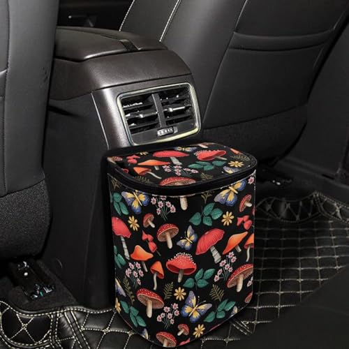 Image of Car Trash Can with Lid Leak Proof Cars Trash Bag Hanging Sedan Garbage Can Accessories Multipurpose Storage Container for Back Seat, Forest Mushroom Floral
