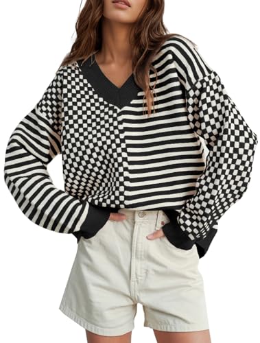 Image of UNCLECAT Womens Striped Checkered Sweater V Neck Fall Trendy Pullover Tops | Long Sleeve, Winter Clothes, Soft Jumpers, Business Casual Outfits, Cute, Fashion, Knitted Sweaters