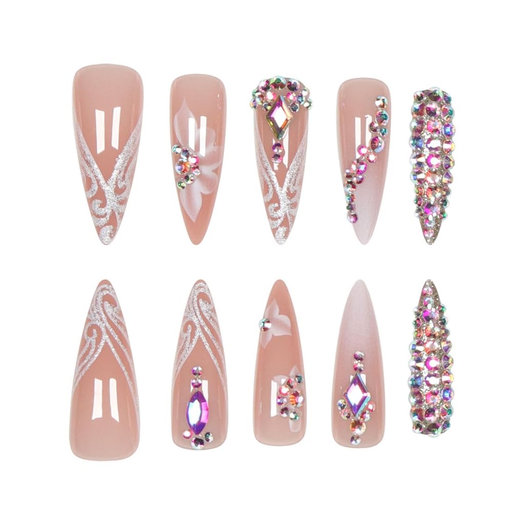24 Pcs Flowers Stick on Nails Rhinestones Artificial Nails Long False Nails Stilettos for Woman