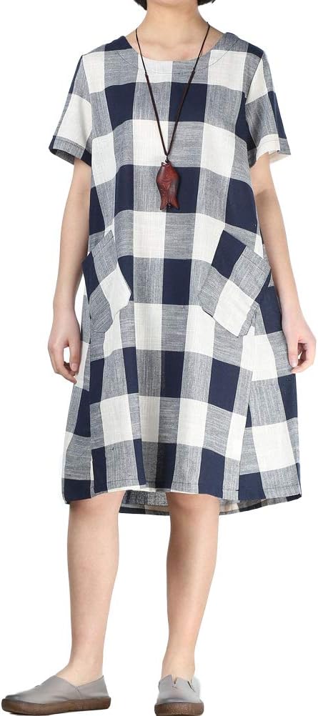 FTCayanz Women's Linen Shirt Dresses Summer Casual Short Sleeve Plaid Tunic Midi Dress - Image 2