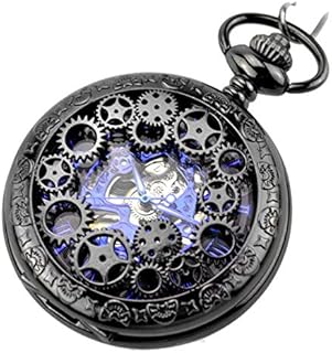 JewelryWe Vintage Half Hunter Black Hollow Gear Wheel Skeleton Hand Wind Mechanical FOB Pocket Watch with Chain