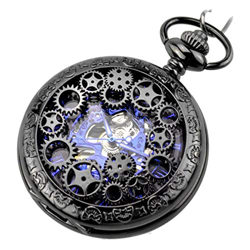 JewelryWe Classic Steampunk Blue Hands Scale Mechanical Skeleton Pocket Watch FOB Necklace for Men