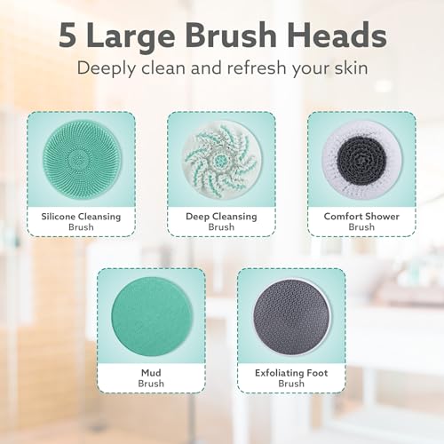 Image of AGARO Electric Bath Brush - USB Rechargeable, IPX6 Waterproof | 5 Brush Heads, 3 Cleaning Modes, 360 Rotatable Electric Shower Brush with 14.5 inch Long Handle