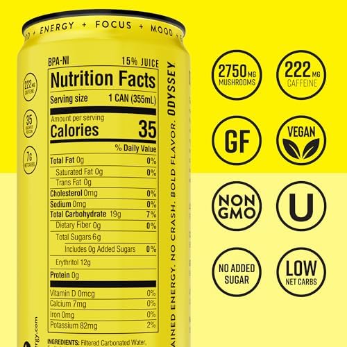 Image of Odyssey Functional Energy Drink, Pineapple Mango, 222mg Green Tea Caffeine, Clean Energy & Focus, Low Calorie, No Added Sugar, No Crash, Lion's Mane & Cordyceps, 12 Pack 12 Fl Oz