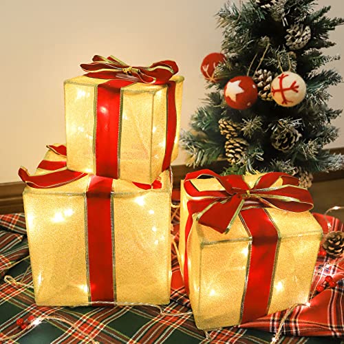 Rizzari Christmas Box Decorations, Set Of 3 Christmas Lighted Gift Boxes With Red Bows For Christmas Tree, Indoor Outdoor Holiday Decors #TOP6