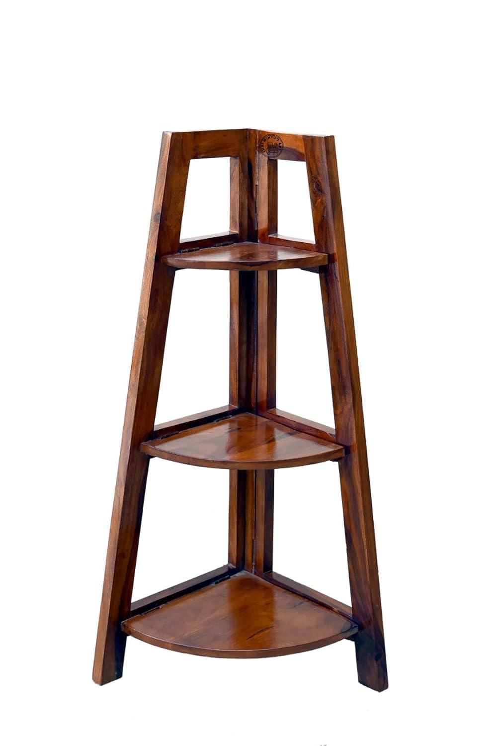 Solid Sheesham Wood Corner Ladder Shelf | 3-Tier Floor Standing Wooden Shelf for Living Room, Bedroom | Decorative Corner Bookcase for Home Décor | Brown Finish-image-23